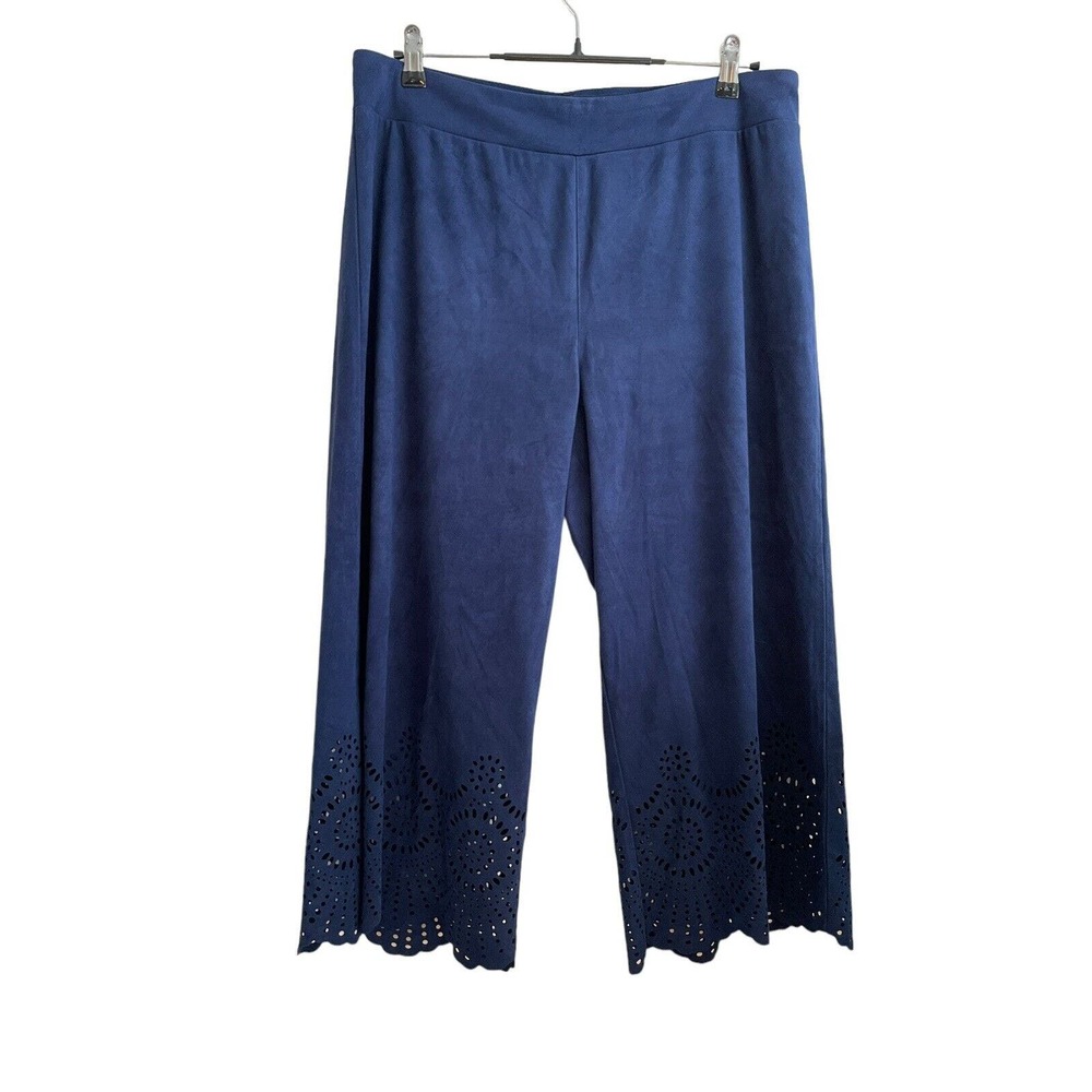 Soft Surroundings Faux Suede Wide Leg Cropped‎ Pants Size Large Navy Blue Eyelet